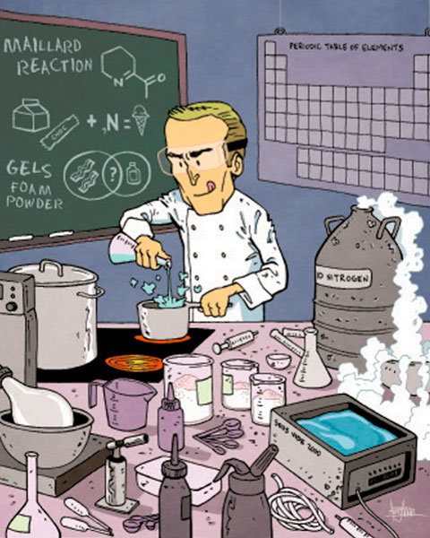 illustrated chemist in lab.